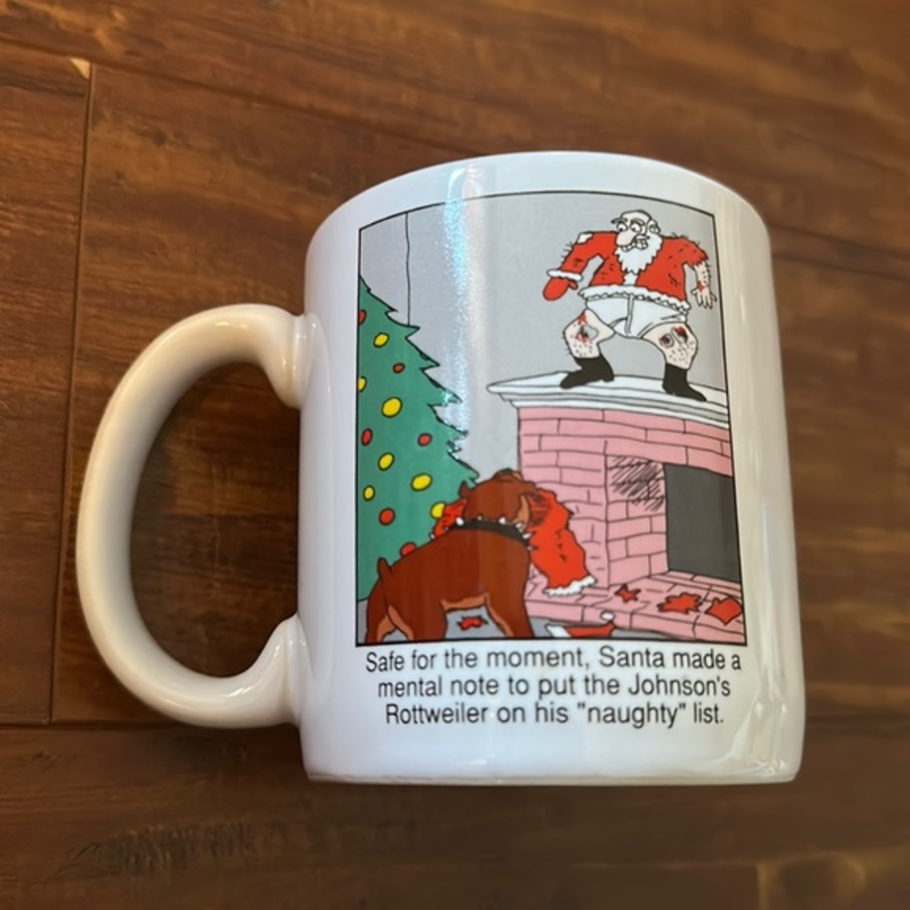 Vintage Carlton Cards Christmas Santa & Rottweiler Dog Coffee Mug Funny Comic